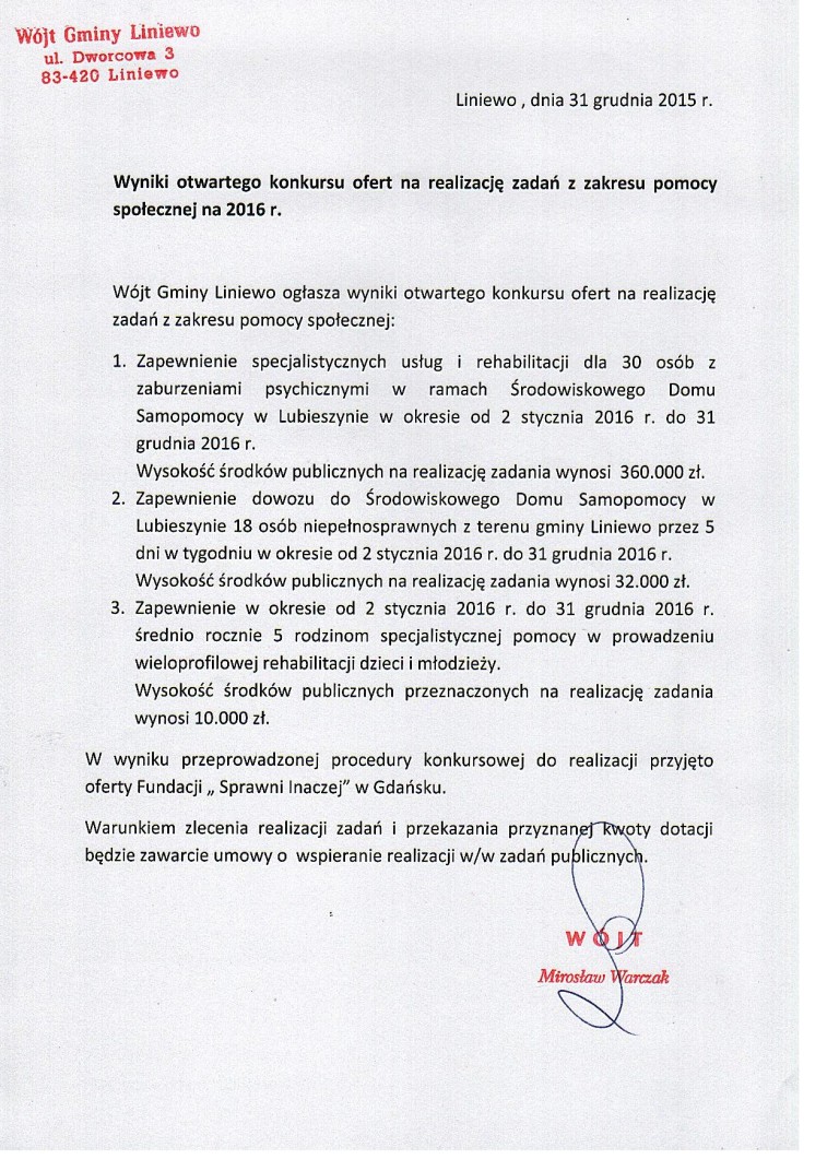 Wyniki otwartego konkursu ofert na realizację zadań z zakresu pomocy społecznej na 2016 rok