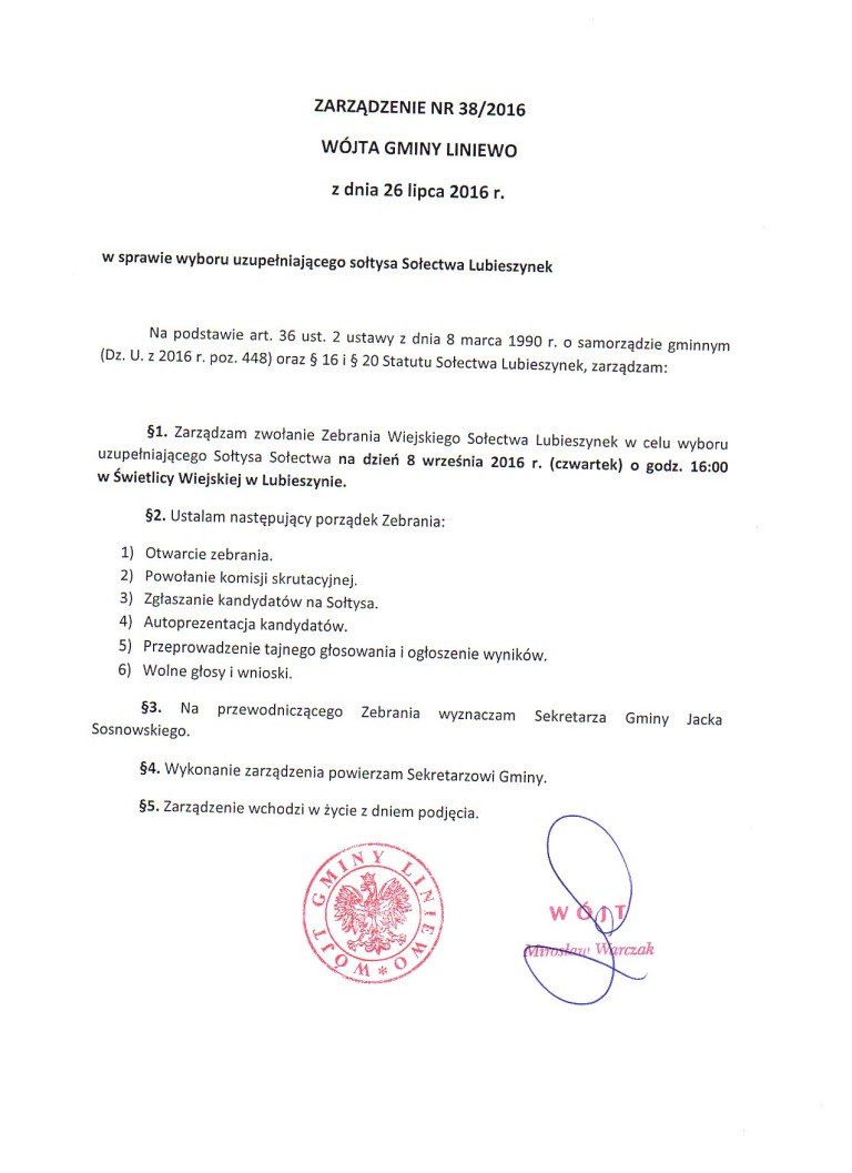 Zarządzenie Wójta Gminy Liniewo z dnia 26 lipca 2016r. w sprawie wyboru uzupełniającego sołtysa Sołectwa Lubieszynek