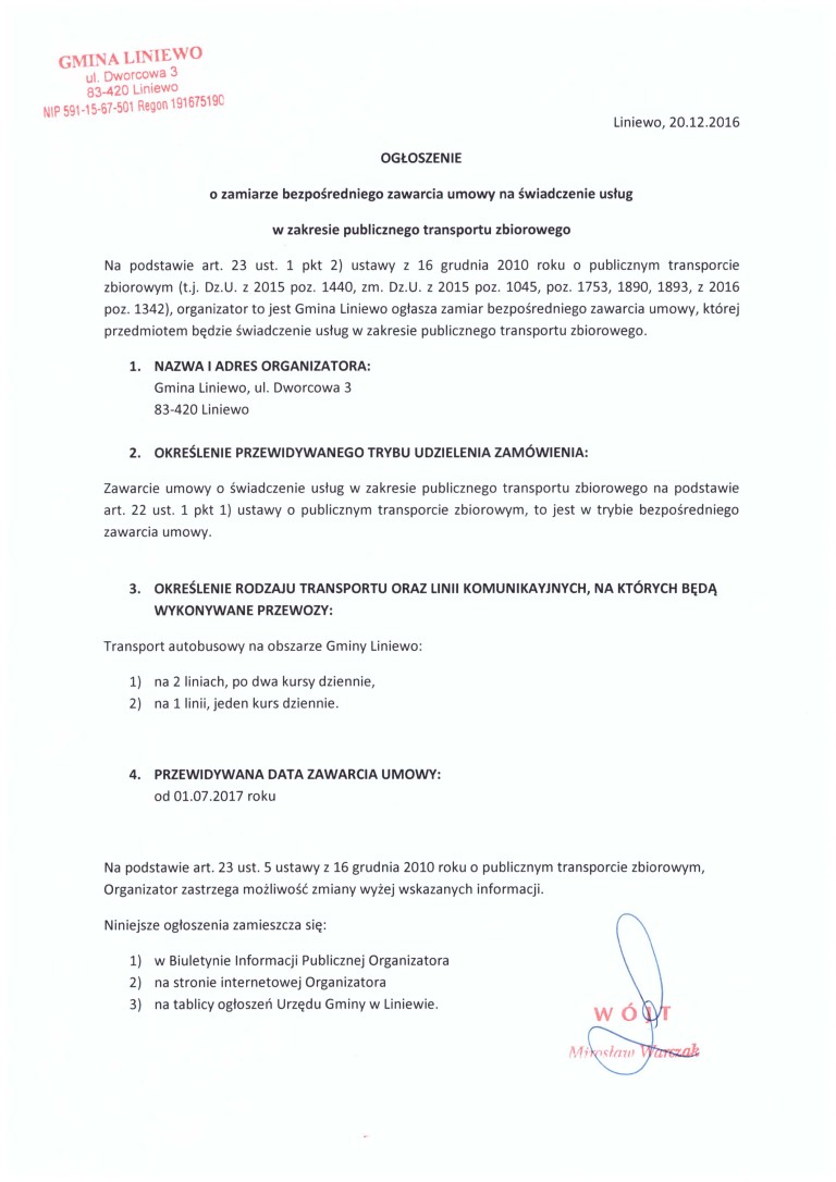 Ogłoszenie o zamiarze bezpośredniego zawarcia umowy na świadczenie usług w zakresie publicznego transportu zbiorowego