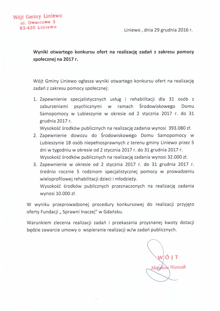 Wyniki otwartego konkursu ofert na realizację zadań z zakresu pomocy społecznej na 2017 rok