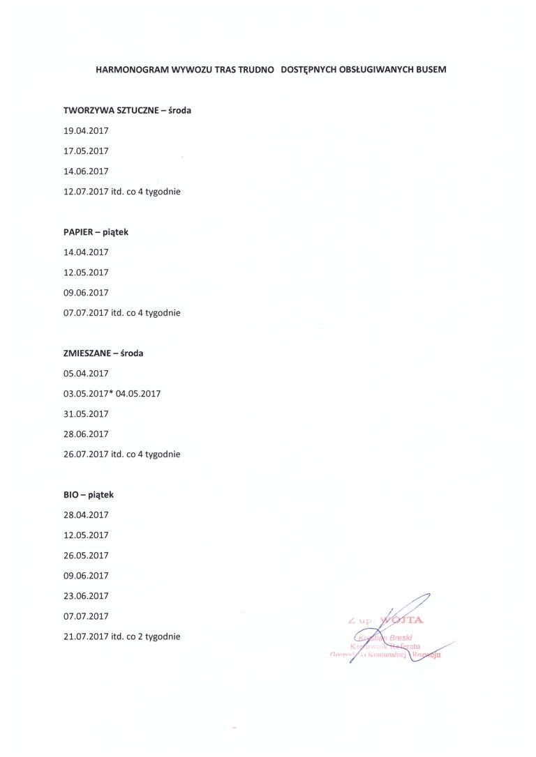 Harmonogram wywozu tras trudno dostępnych obsługiwanych busem