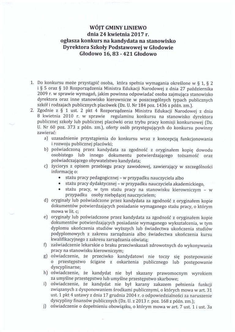 Konkurs na kandydata na stanowisko    Dyrektora Szkoły Podstawowej w Głodowie