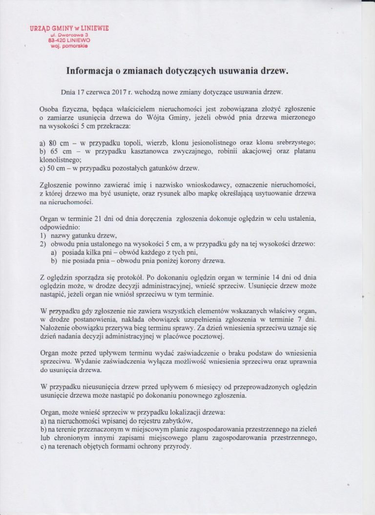 Informacja o zmianach dotyczących usuwania drzew