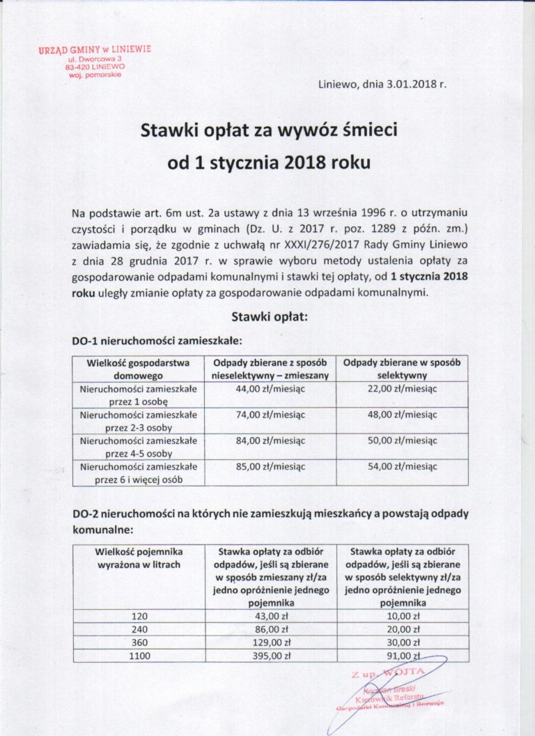 NOWE STAWKI ZA ŚMIECI OD 1 STYCZNIA 2018r