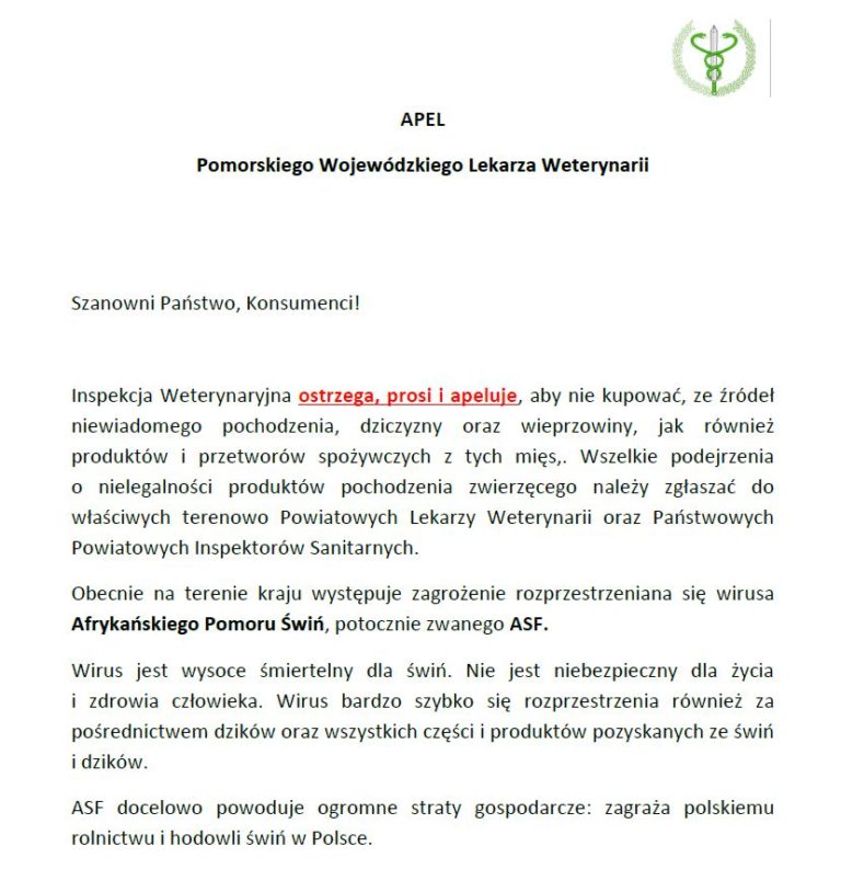 Apel Pomorskiego Wojewódzkiego Lekarza Weterynarii