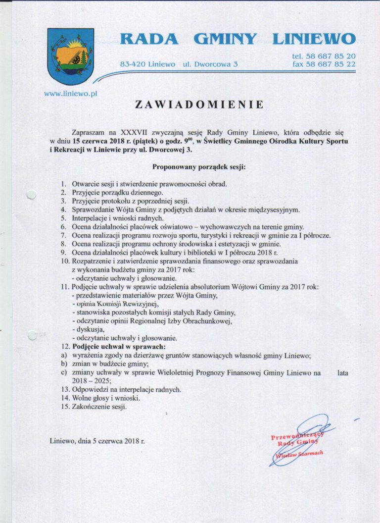 Zawiadomienie o XXXVII sesji Rady Gminy Liniewo