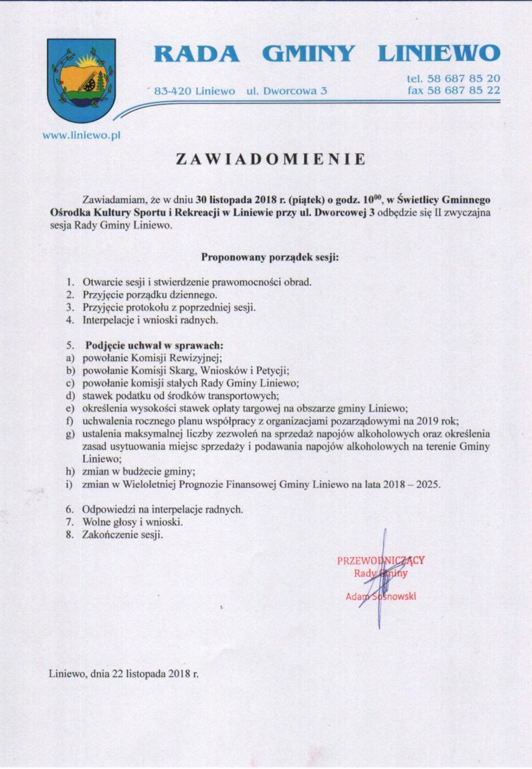 Zawiadomienie o II zwyczajnej sesji Rady Gminy Liniewo