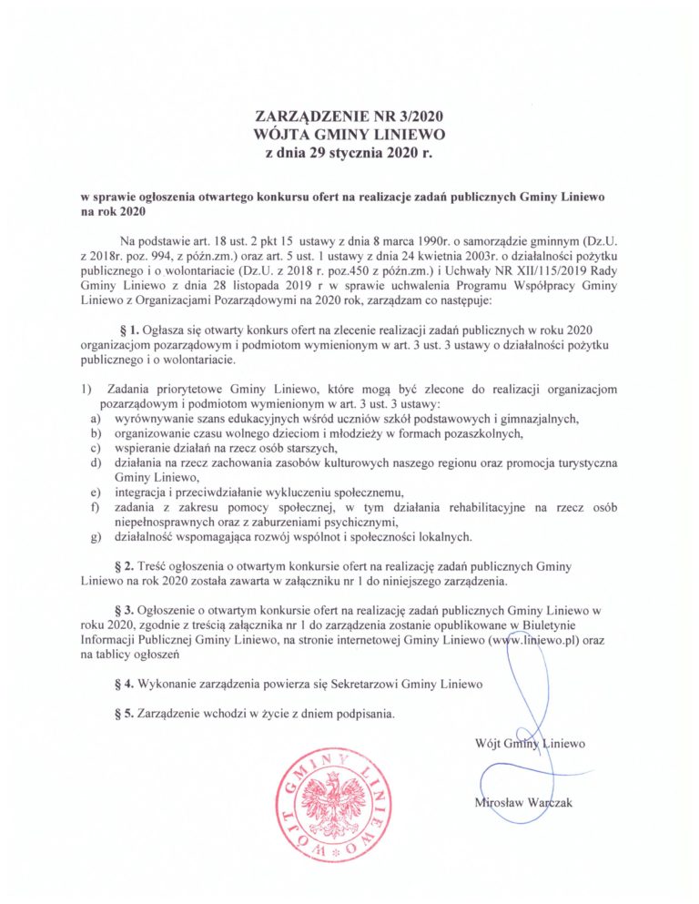 Ogłoszenie otwartego konkursu na realizację zadań publicznych Gminy Liniewo na rok 2020