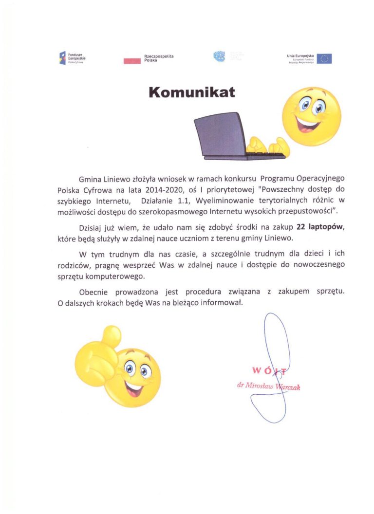 Gmina Liniewo złożyła wniosek w ramach konkursu Programu Operacyjnego Polska Cyfrowa na lata 2014-2020
