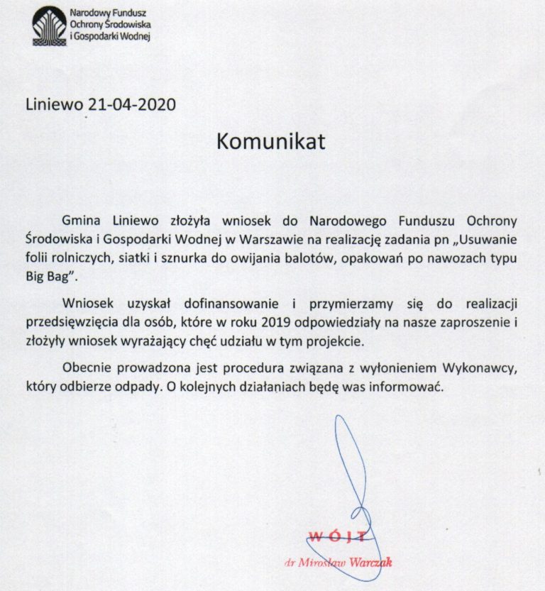 Wniosek do narodowego Funduszu Ochrony Środowiska i Gospodarki Wodnej w Warszawie