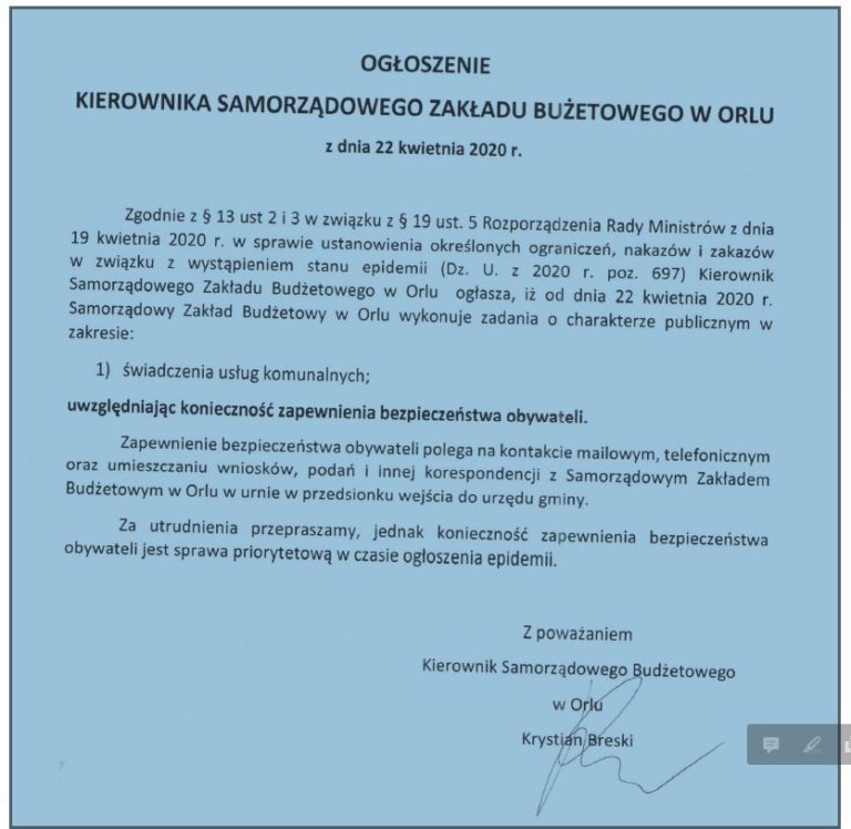 Ogłoszenie Kierownika Samorządowego Zakładu Budżetowego w Orlu