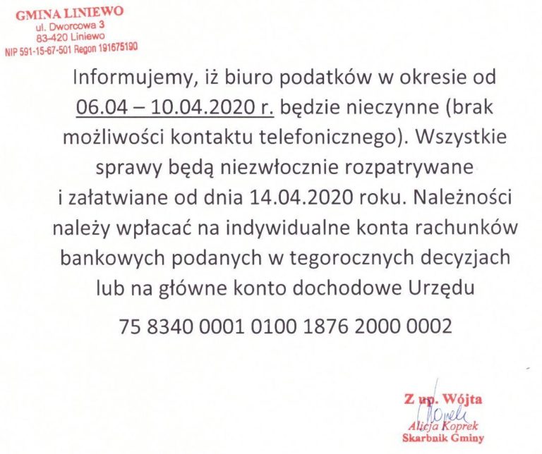 Informacja dot. nieczynnego biura podatków