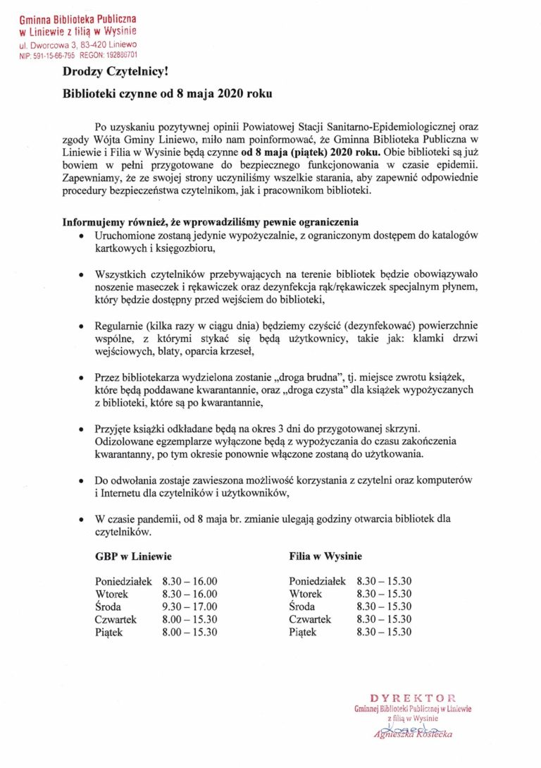 Gminna Biblioteka Publiczna w Liniewie z Filią w Wysinie czynne będą od 8 maja 2020 roku