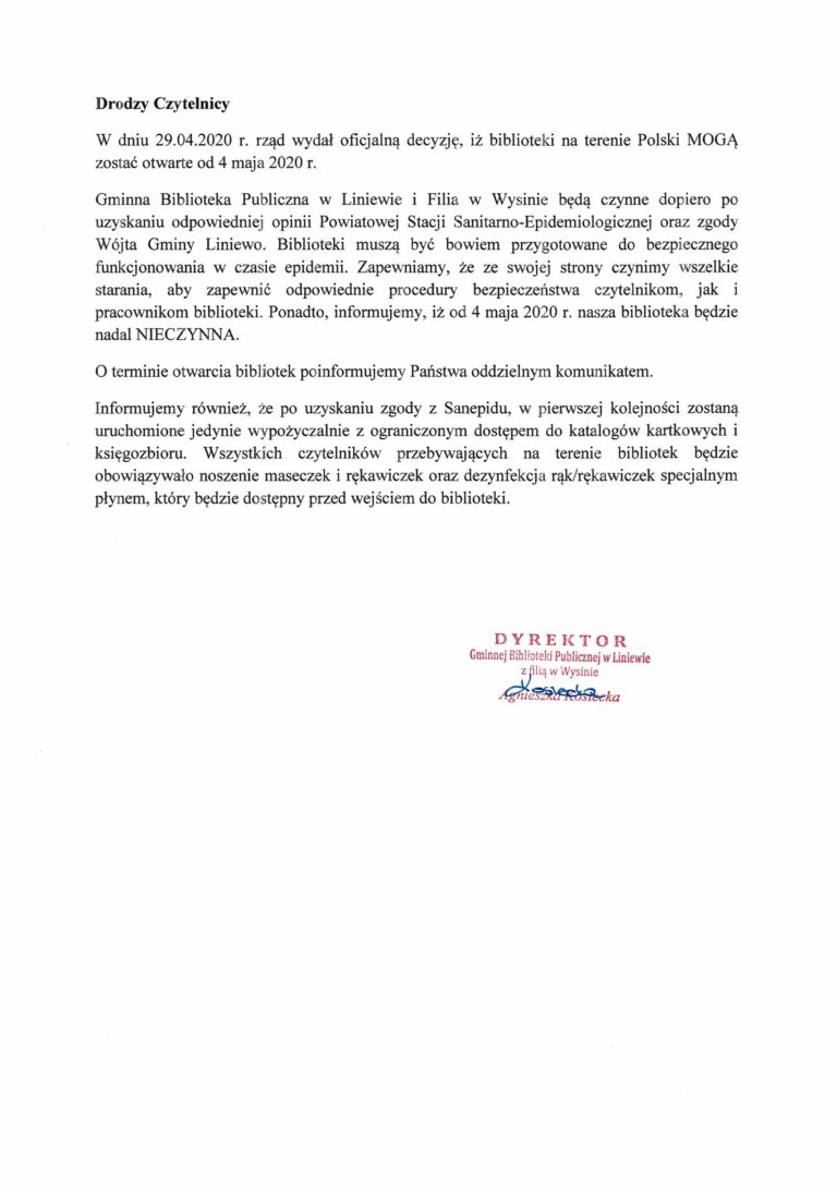 Komunikat w sprawie otwarcia GBP w Liniewie i Filii w Wysinie