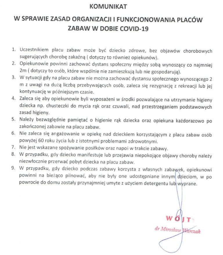 Komunikat w sprawie zasad organizacji i funkcjonowania placów zabaw w dobie Covid-19