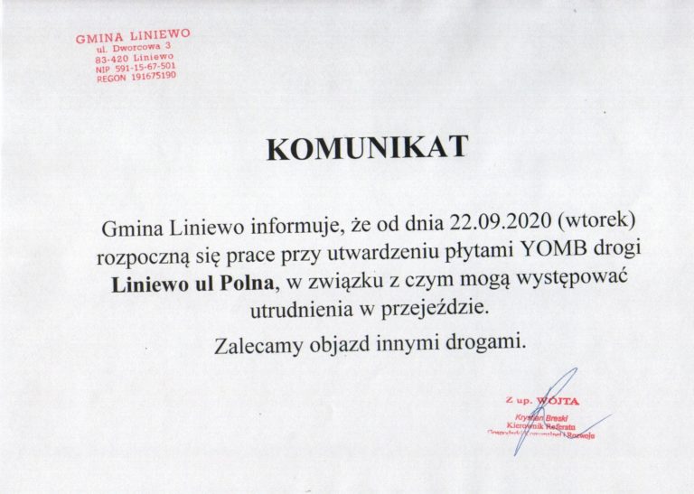 Komunikat dot. prac na drogach