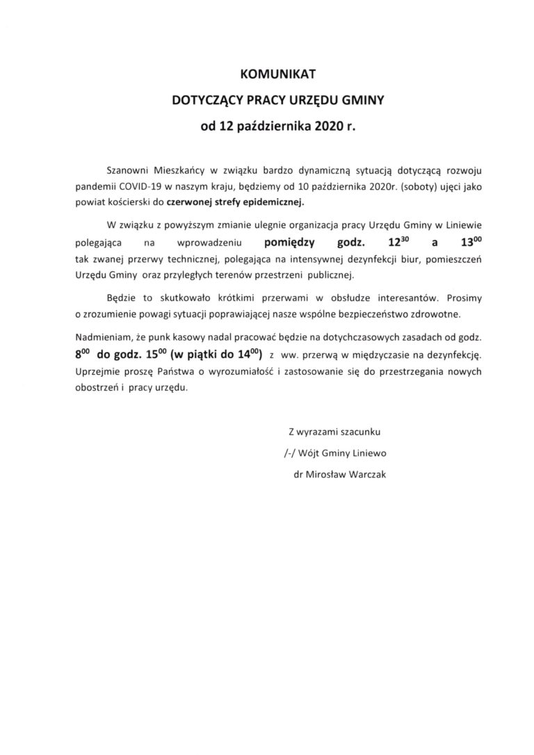 Komunikat dotyczący pracy Urzędu Gminy od 12 października 2020r.