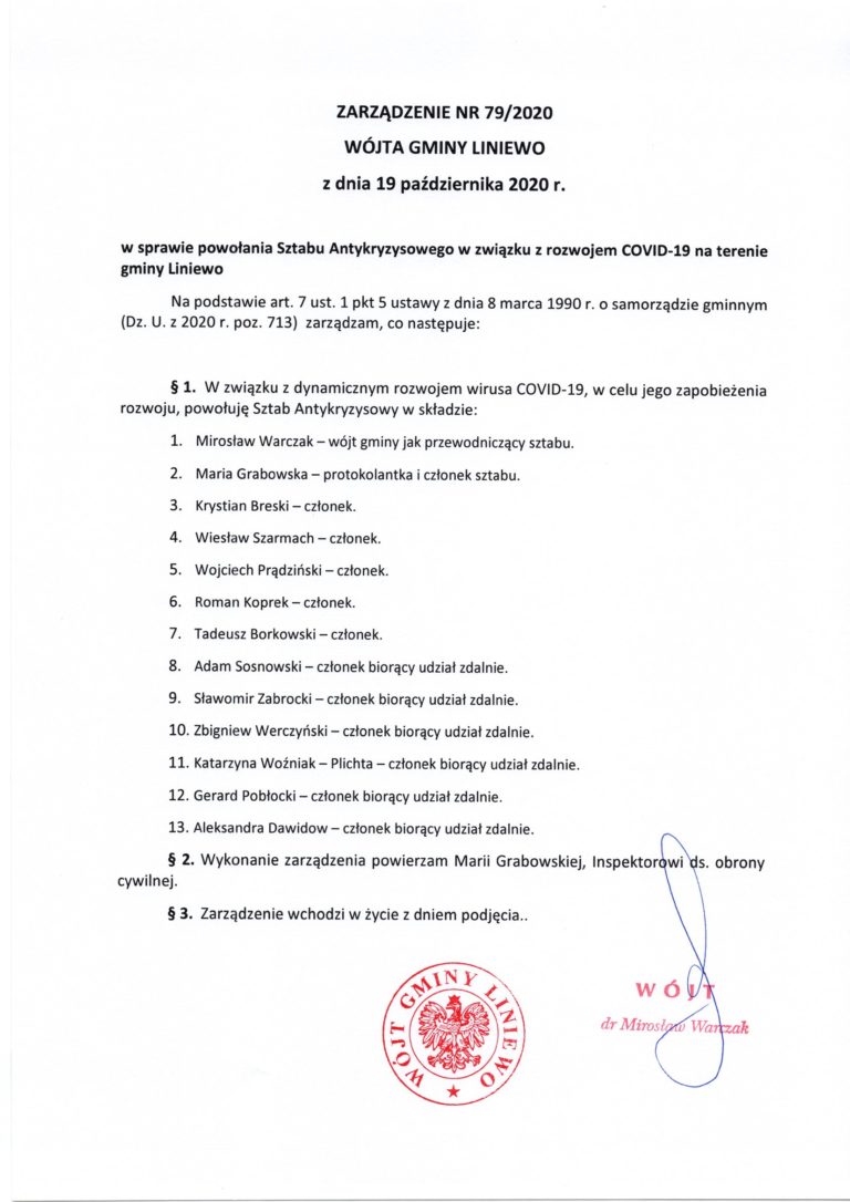 Zarządzenie nr. 79/2020 Wójta Gminy Liniewo z dnia 19 października 2020r. w sprawie powołania Sztabu Antykryzysowego w związku z rozwojem COVID-19 na terenie gminy Liniewo