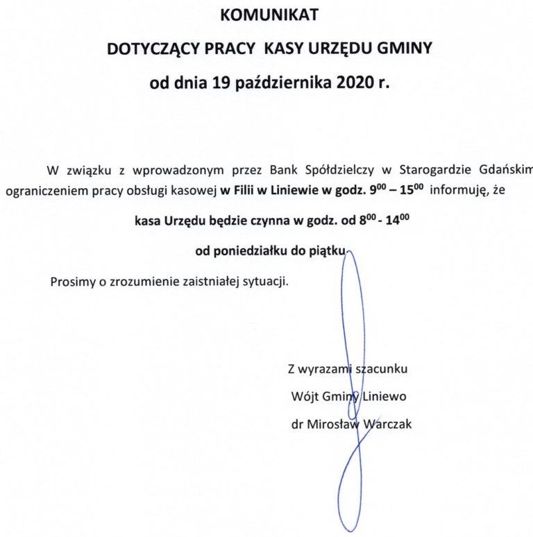 Komunikat dot. obsługi kasy w Urzędzie Gminy w Liniewie