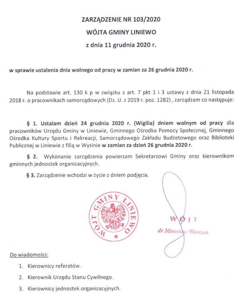 Dzień wolny od pracy w zamian za 26 grudnia 2020r.