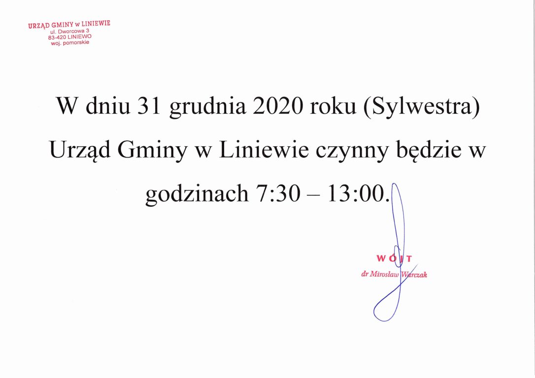 Godziny pracy Urzędu w dniu 31.12.2020