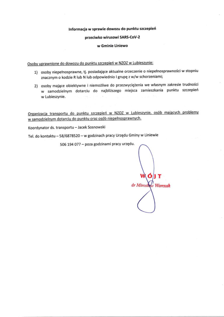 Informacja w sprawie dowozu do punktu szczepień przeciwko wirusowi SARS-CoV-2