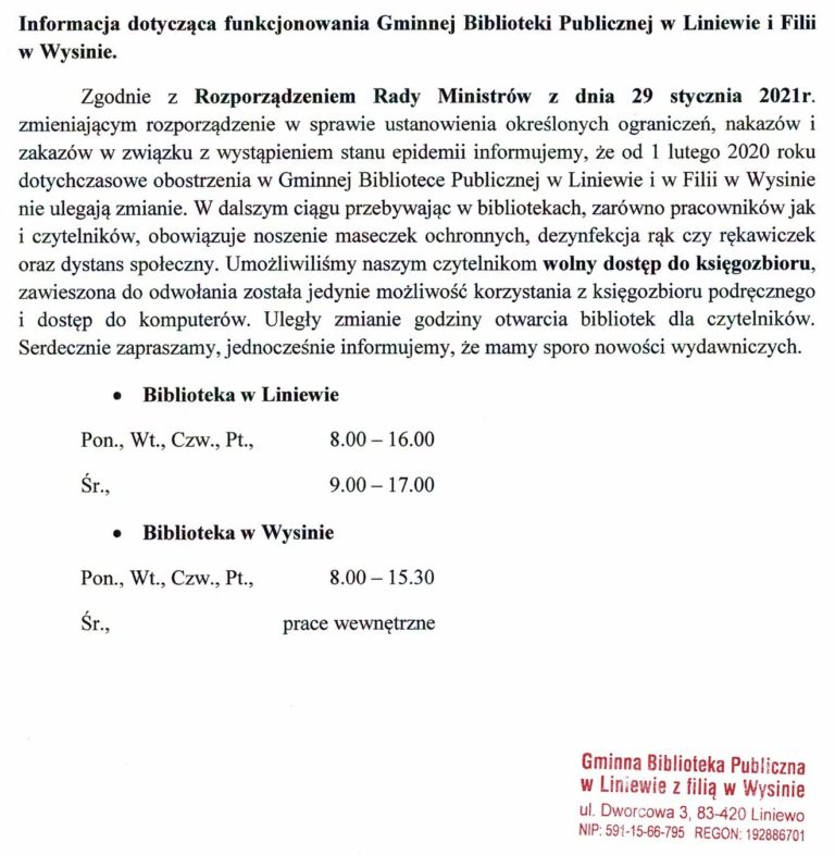 Informacja dotycząca funkcjonowania Gminnej Biblioteki Publicznej w Liniewie i Filii w Wysinie