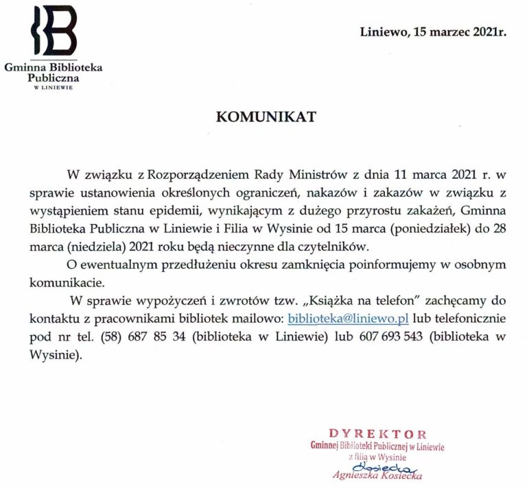 Komunikat dot. nieczynnych bibliotek