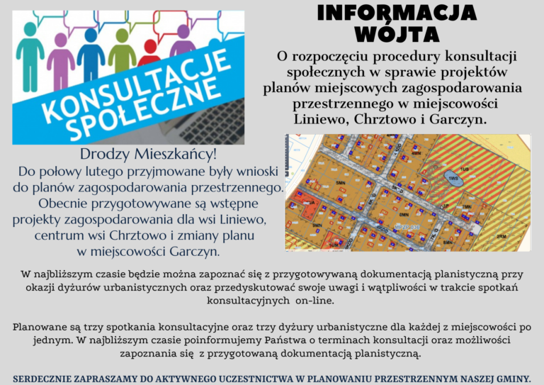 Informacja Wójta o rozpoczęciu procedury konsultacji społecznych w sprawie projektów planów miejscowych zagospodarowania przestrzennego w miejscowości Liniewo, Chrztowo i Garczyn.