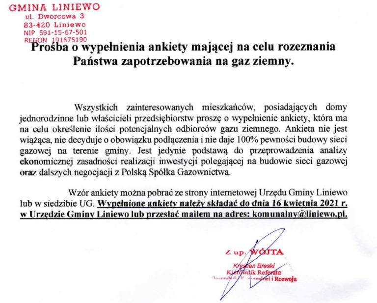 Prośba o wypełnienia ankiety mającej na celu rozeznanie Państwa zapotrzebowania na gaz ziemny