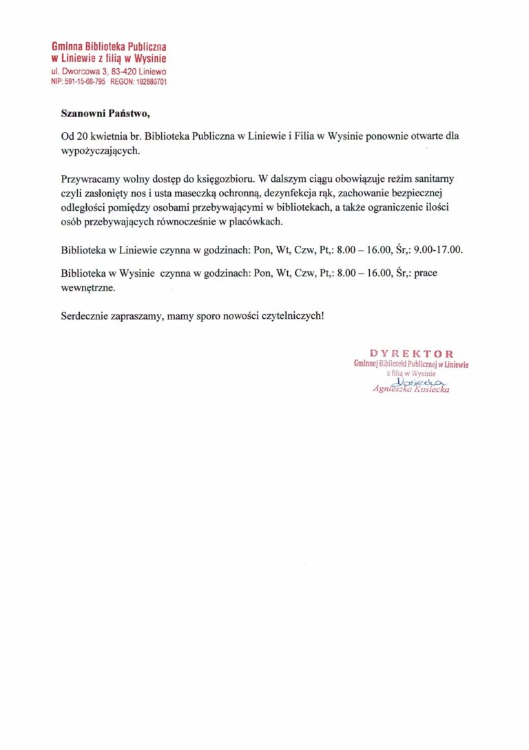 Otwarcie Biblioteki Publicznej w Liniewie i Filii w Wysinie