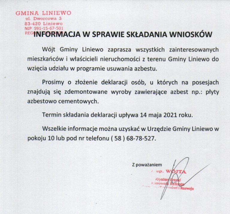 Informacja w sprawie składania wniosków- usuwanie azbestu