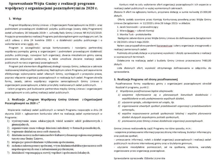 Sprawozdanie Wójta Gminy z realizacji programu współpracy z organizacjami pozarządowymi za 2020 r.