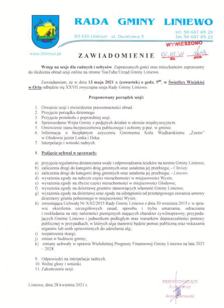 Zawiadomienie dot. posiedzenia sesji