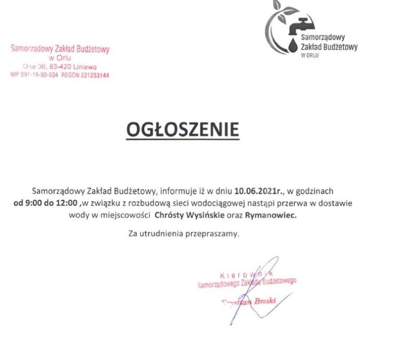 Ogłoszenie dot. przerwy w dostawie wody