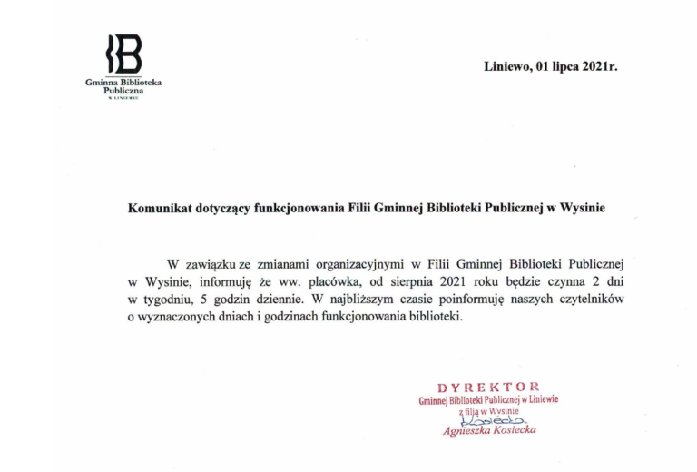 Komunikat dotyczący funkcjonowania Filii Gminnej Biblioteki Publicznej w Wysinie