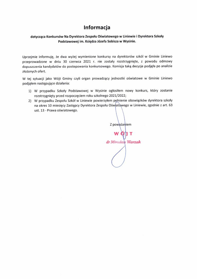 Informacja dotycząca Konkursów na Dyrektora Z.O. w Liniewie i Dyrektora SP im. Księdza Józefa Sobisza w Wysinie