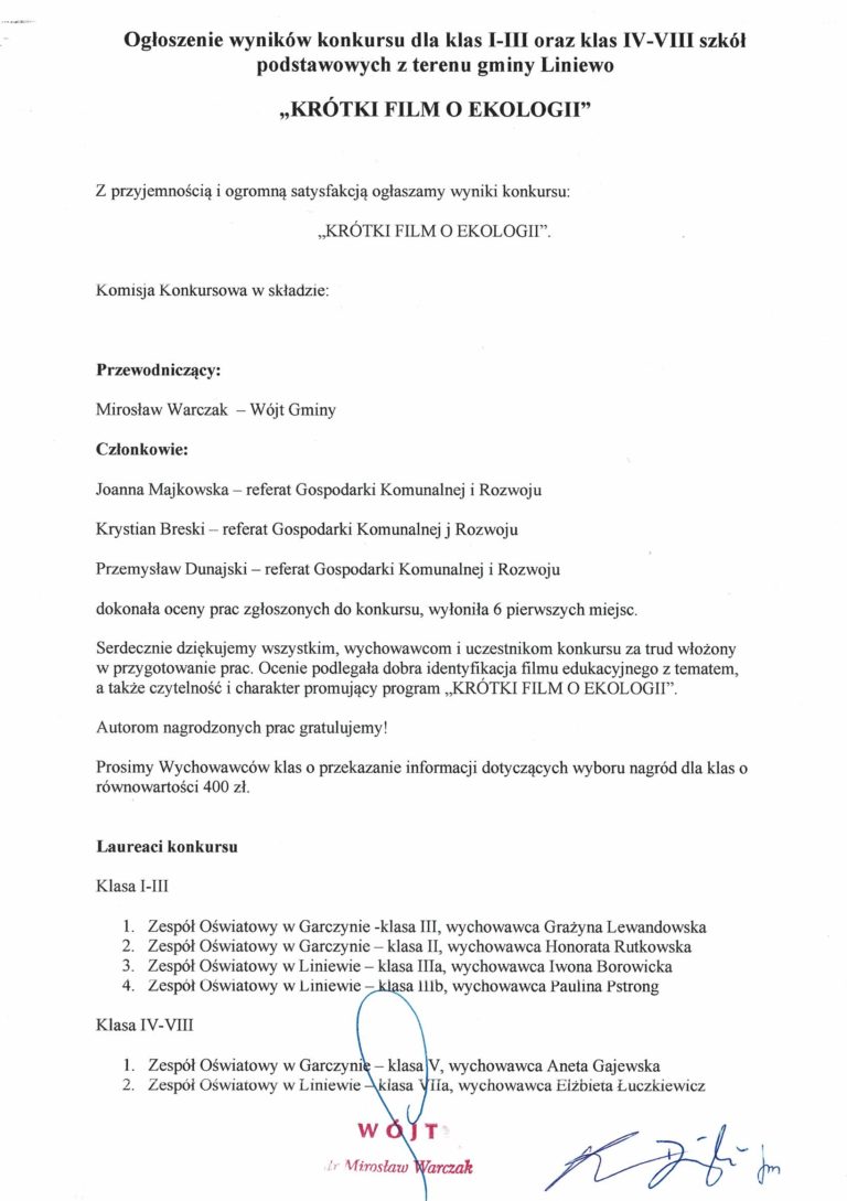Ogłoszenie wyników konkursu dla kl. I-III oraz klas IV-VIII szkół podstawowych z terenu gminy Liniewo ” KRÓTKI FILM O EKOLOGII”
