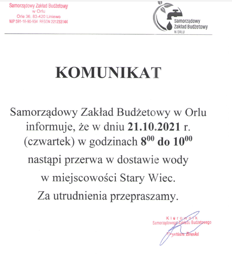 Przerwa w dostawie wody- Stary Wiec