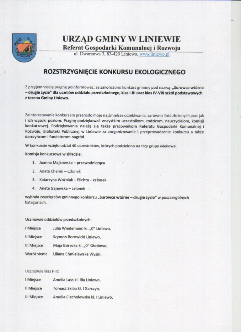 Rozstrzygnięcie konkursu ekologicznego