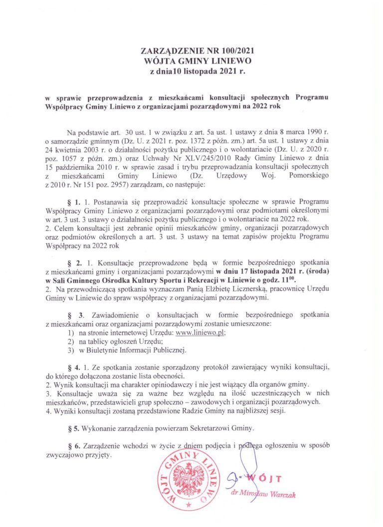 Konsultacje społeczne Programu Współpracy Gminy Liniewo z organizacjami pozarządowymi oraz podmiotami określonymi w art. 3 ust. 3 ustawy o działalności pożytku publicznego i o wolontariacie na 2022 rok.