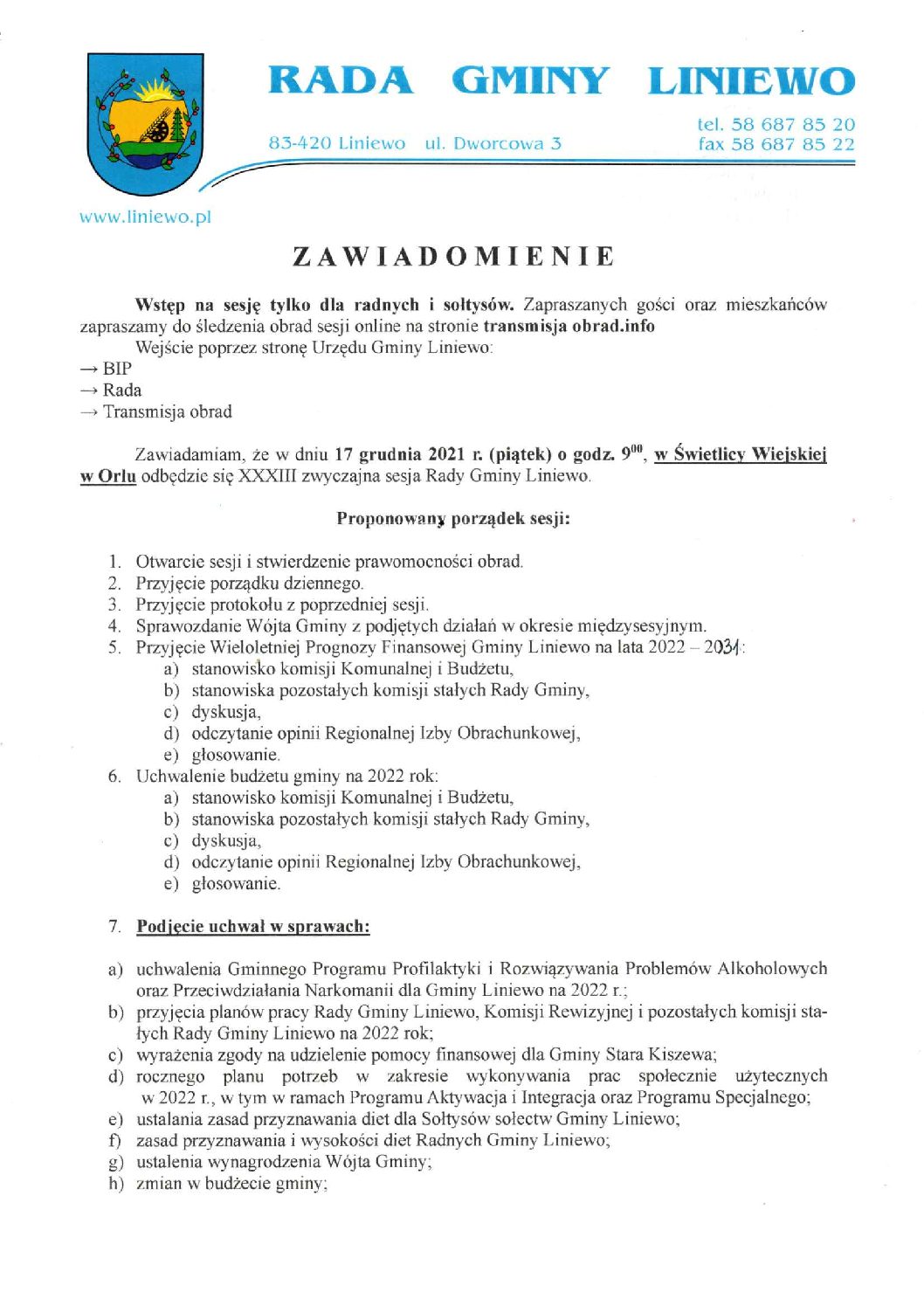 Zawiadomienie o XXXIII zwyczajnej Sesji Rady Gminy w Liniewie