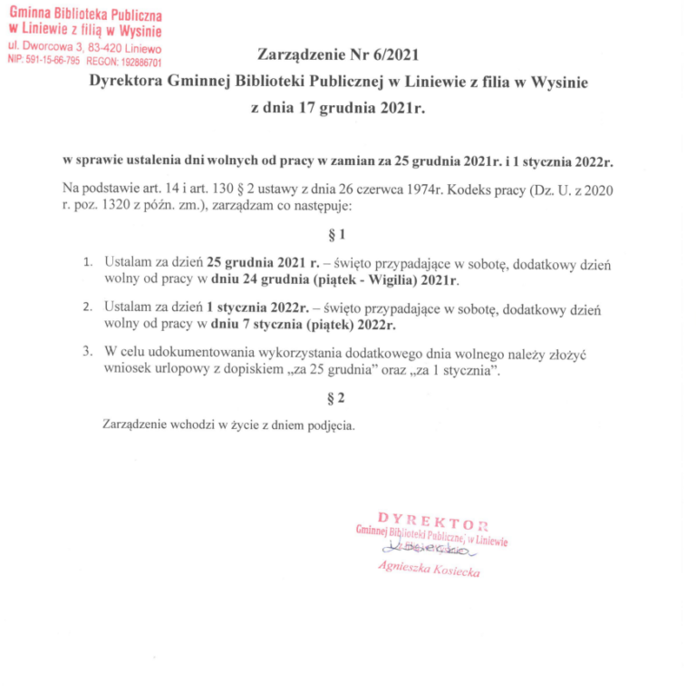Zarządzenie nr 6/2021 Dyrektora Gminnej Biblioteki Publicznej w Liniewie z filią w Wysinie z dnia 17.12.2021 r.