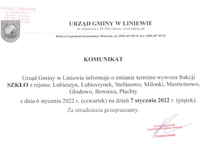 Informacja o wywozie frakcji SZKŁO