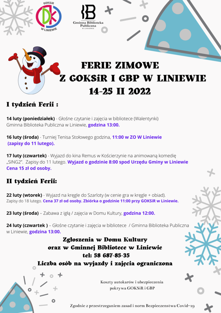 Zapraszamy na ferie zimowe z GOKSiR i GBP w Liniewie