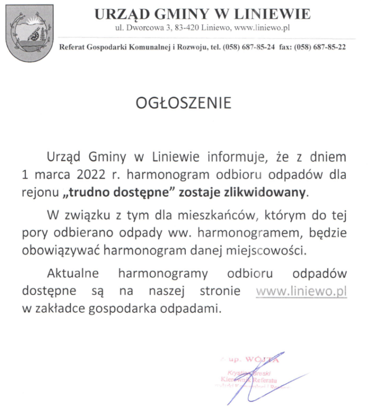 Ogłoszenie dot. harmonogramu odbioru odpadów