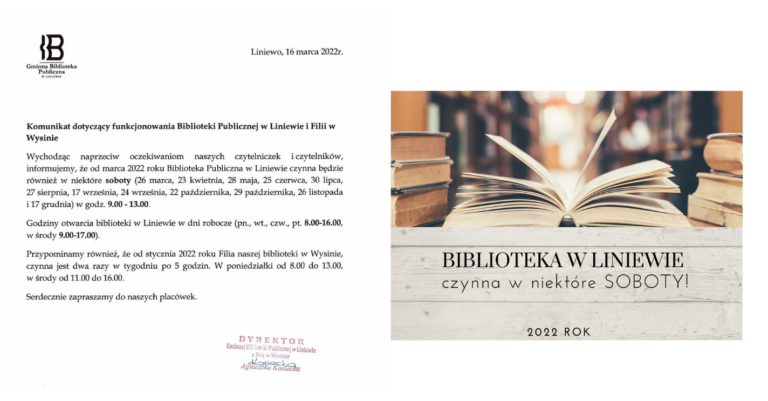Komunikat dotyczący funkcjonowania Biblioteki Publicznej w Liniewie z Filią w Wysinie