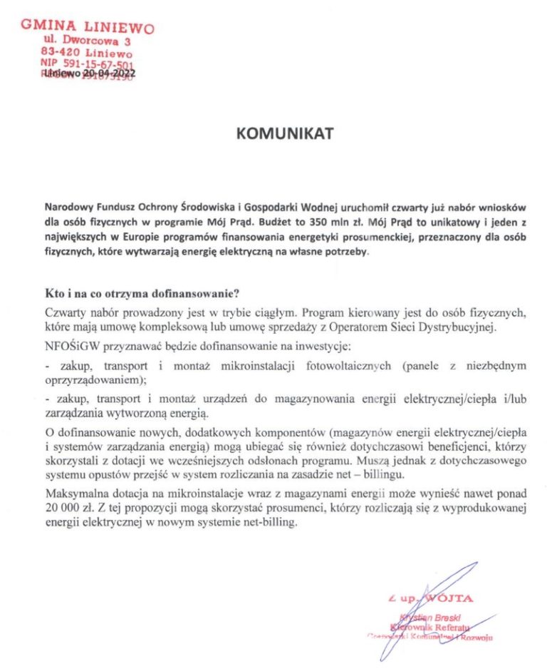Komunikat dot. czwartego naboru wniosków w programie Mój Prąd