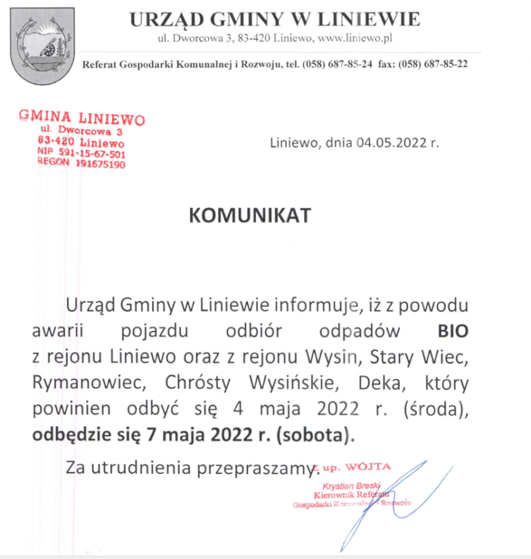 Zmiana terminu wywozu odpadów BIO z trasy Liniewo