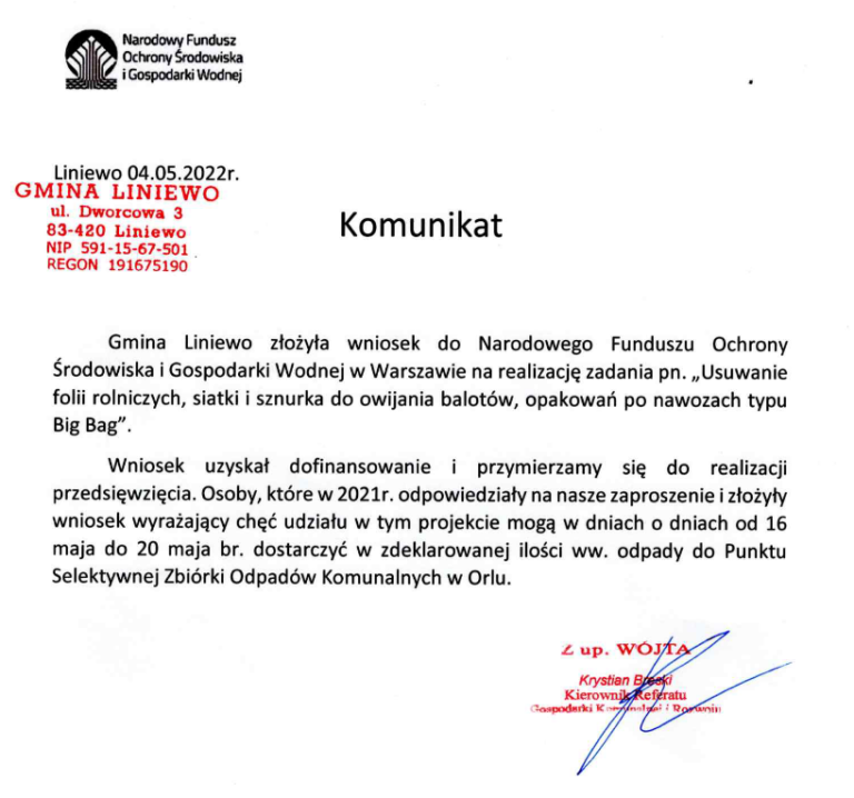 Realizacja przedsięwzięcia „Usuwanie folii rolniczych, siatki i sznurka do owijania balotów…”